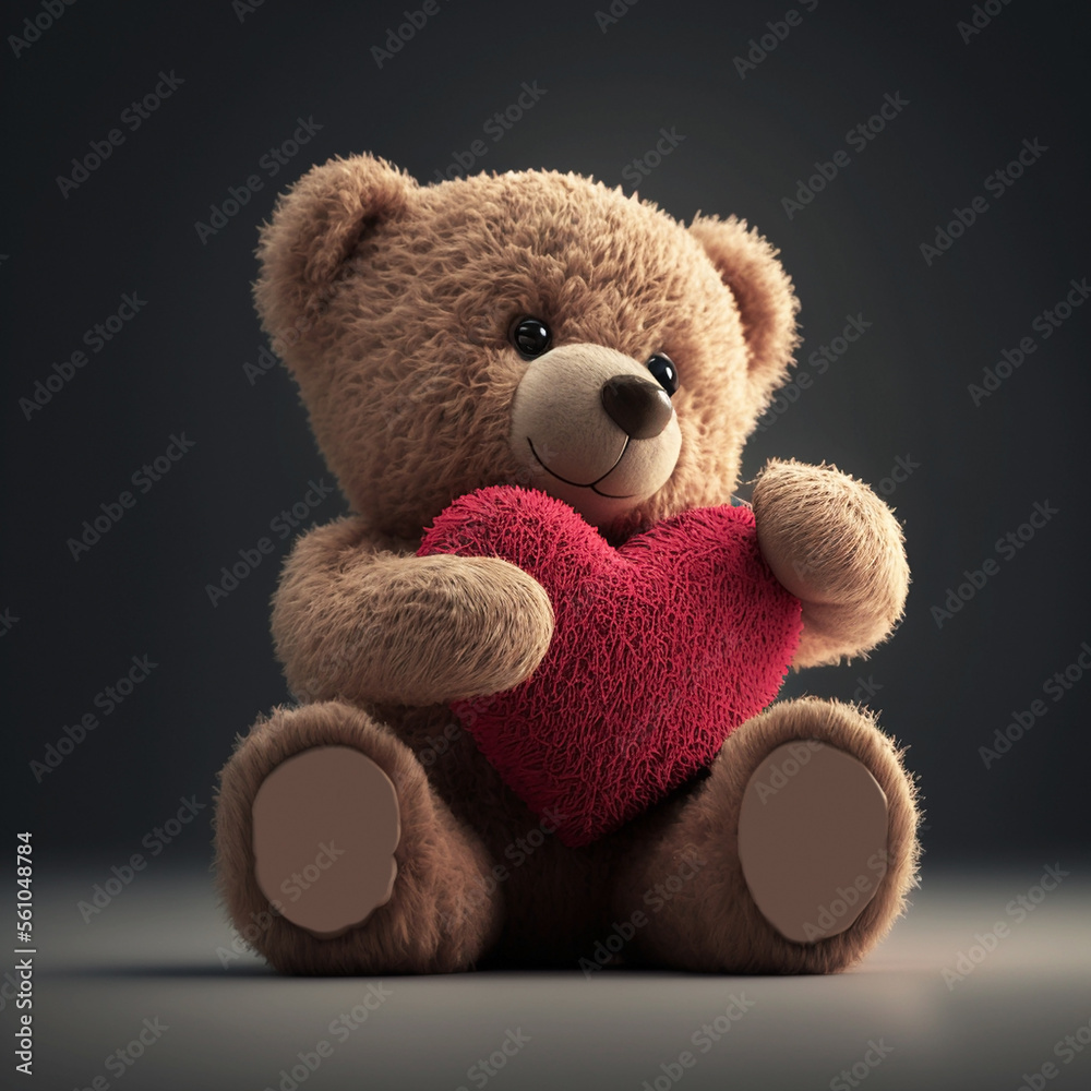 Obraz premium A children's toy fluffy Teddy bear holds a red heart in its paws. Generative AI, generative artificial intelligence