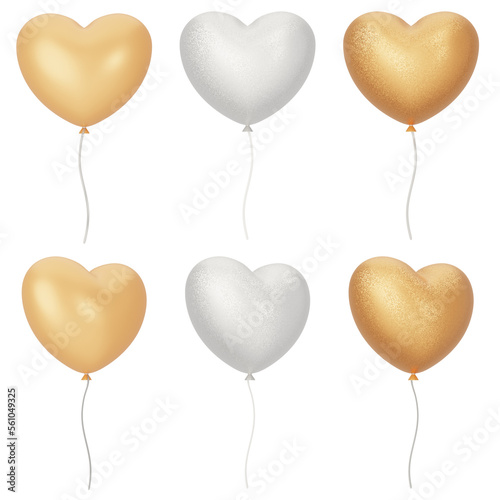 Set of golden glossy and glitter balloons with transparent background. Heart shape.