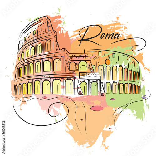 Watercolor sketch of Rome coliseum landmark Vector