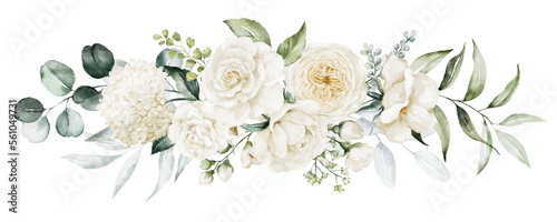 Watercolor floral illustration bouquet - white flowers, rose, peony, green and gold leaf branches collection. Wedding stationary, greetings, wallpapers, fashion, background. Eucalyptus, olive, leaves. © Veris Studio