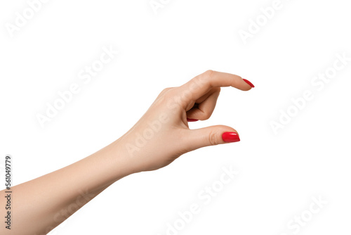 Female hand as if holding something or showing size, isolate empty hands.