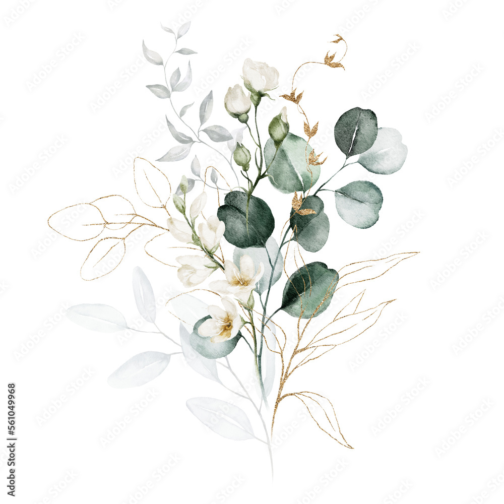 Watercolor floral illustration bouquet - green and gold leaf branches ...