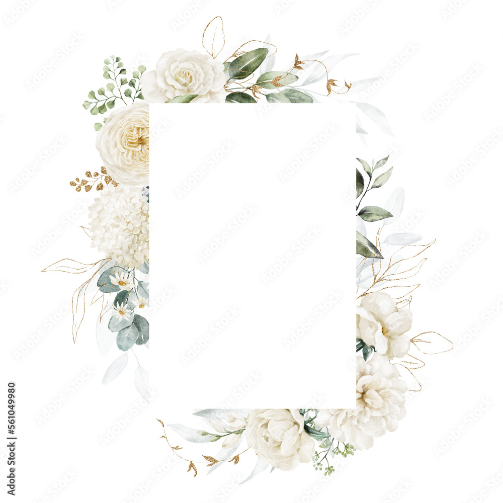 Fototapeta premium Watercolor floral illustration - white flowers, rose, peony, gold green leaves and branches wreath frame. Wedding stationary, greetings, wallpapers, fashion, background. Eucalyptus, olive.