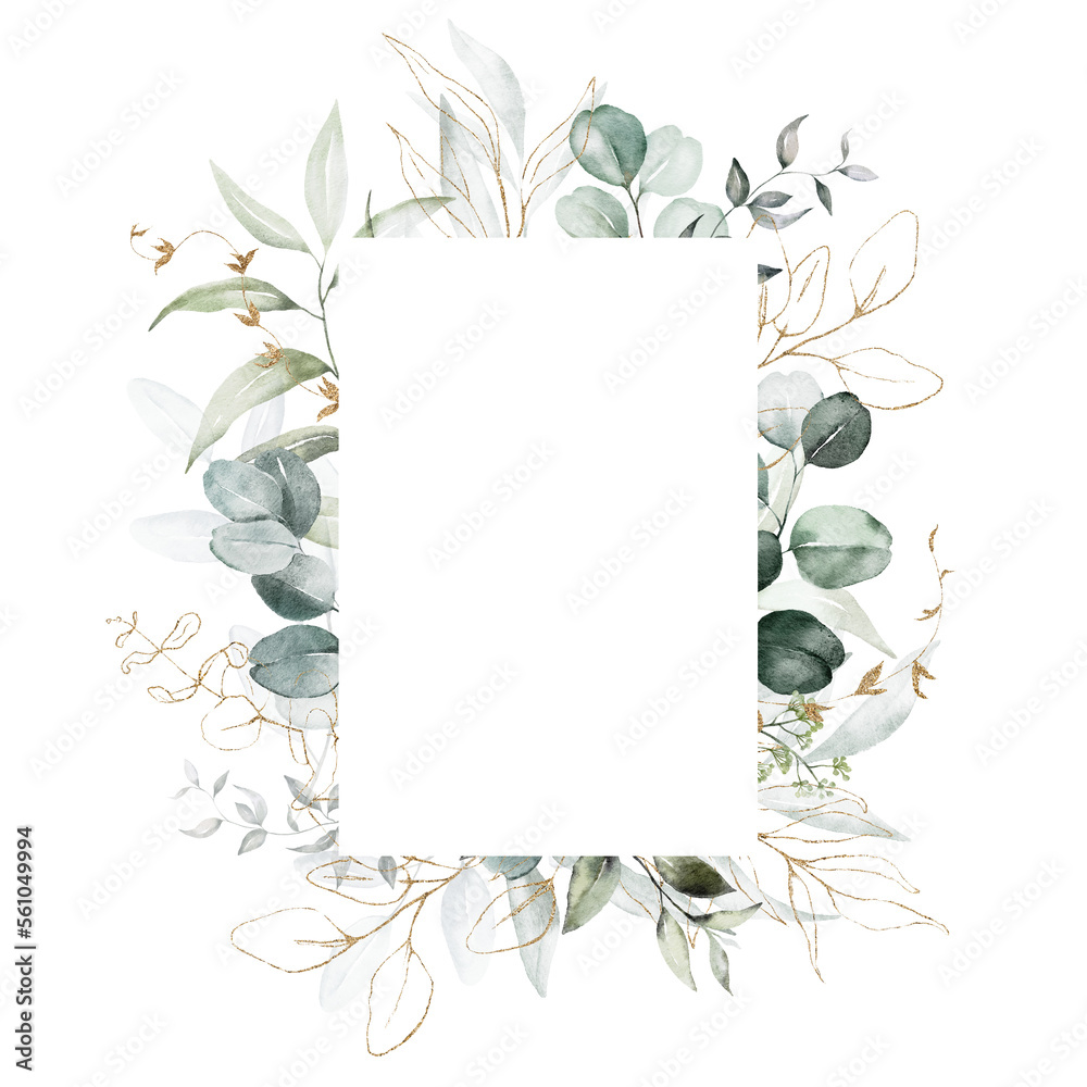 Obraz premium Watercolor floral illustration - gold leaves and branches wreath frame with geometric shape. Wedding stationary, greetings, wallpapers, fashion, background. Eucalyptus, olive, green leaves.
