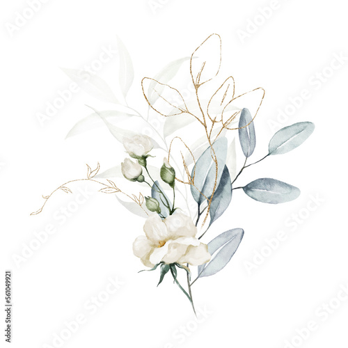 Fototapeta Naklejka Na Ścianę i Meble -  Watercolor floral illustration bouquet - white flowers, rose, peony, green and gold leaf branches collection. Wedding stationary, greetings, wallpapers, fashion, background. Eucalyptus, olive, leaves.