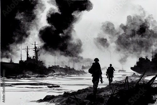 Photographie A black and white pen illustration of the Allied invasion of occupied France during Operation Overlord D-Day on the 6th of June 1944 in Normandy