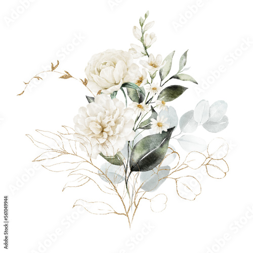 Fototapeta Naklejka Na Ścianę i Meble -  Watercolor floral illustration bouquet - white flowers, rose, peony, green and gold leaf branches collection. Wedding stationary, greetings, wallpapers, fashion, background. Eucalyptus, olive, leaves.