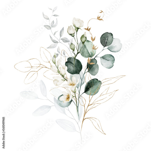 Fototapeta Naklejka Na Ścianę i Meble -  Watercolor floral illustration bouquet - green and gold leaf branches collection, for wedding stationary, greetings, wallpapers, fashion, background. Eucalyptus, olive, green leaves, etc.