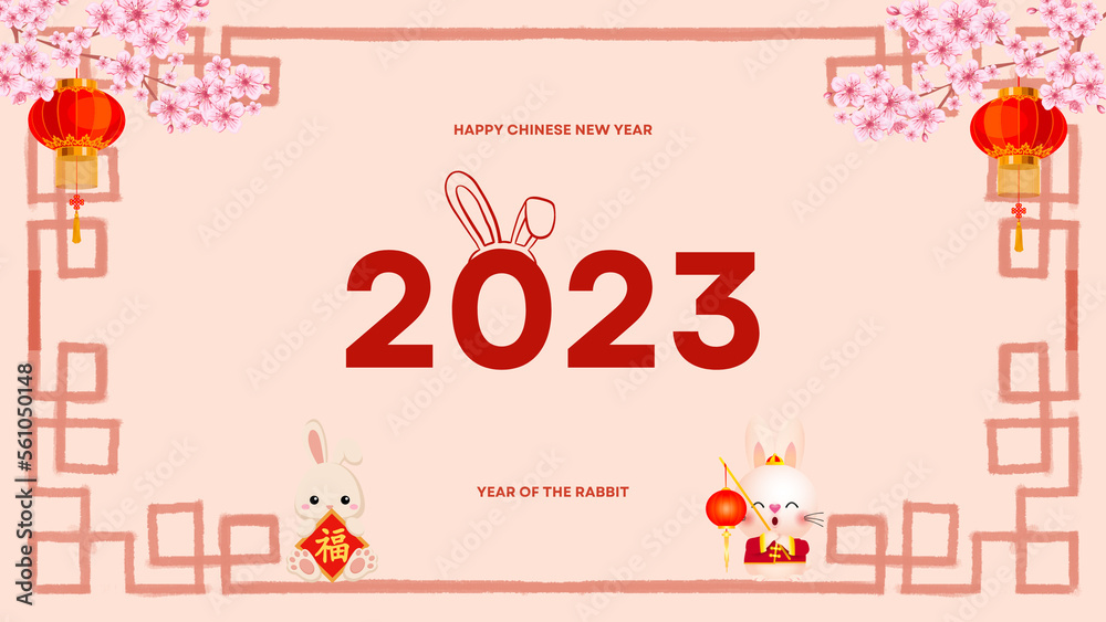 Naklejka premium Chinese New Year greetings with cute rabbits and pink background.