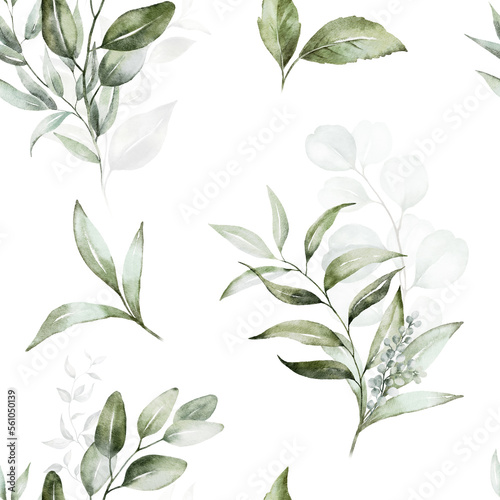 Seamless watercolor floral pattern - gold green leaves and branches composition on white background  perfect for wrappers  wallpapers  postcards  greeting cards  wedding invitations  romantic events.