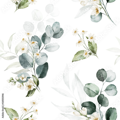 Fototapeta Naklejka Na Ścianę i Meble -  Seamless watercolor floral pattern - gold green leaves and branches composition on white background, perfect for wrappers, wallpapers, postcards, greeting cards, wedding invitations, romantic events.