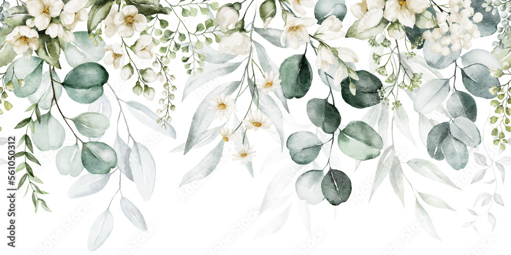 Watercolor seamless border - illustration with green gold leaves, white flowers, rose, peony and branches, for wedding stationary, greetings, wallpapers, fashion, backgrounds, wrappers, cards. - obrazy, fototapety, plakaty 