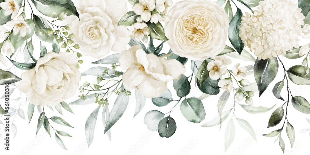 © Veris Studio - Watercolor seamless border - illustration with green gold leaves, white flowers, rose, peony and branches, for wedding stationary, greetings, wallpapers, fashion, backgrounds, wrappers, cards. © Veris Studio - Watercolor seamless border - illustration with green gold leaves, white flowers, rose, peony and branches, for wedding stationary, greetings, wallpapers, fashion, backgrounds, wrappers, cards.