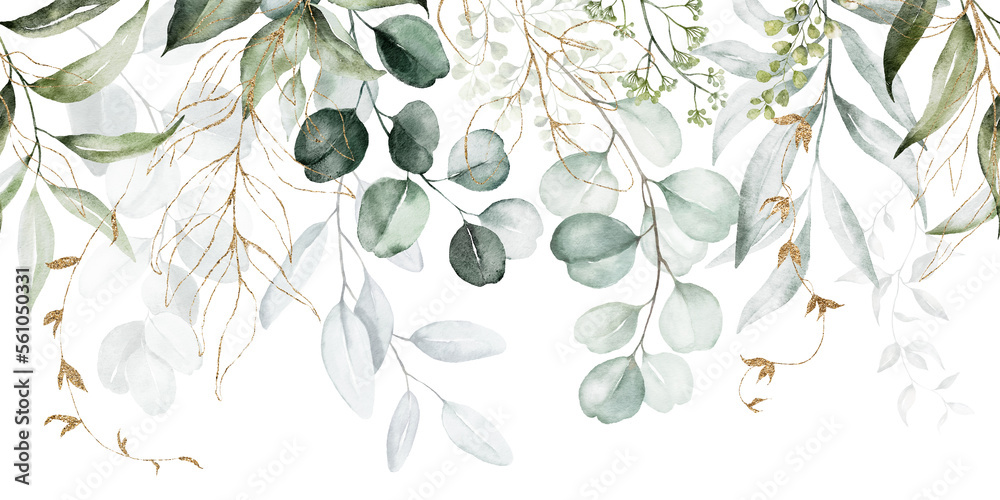 Obraz Watercolor seamless border - illustration with green gold leaves and branches, for wedding stationary, greetings, wallpapers, fashion, backgrounds, textures, DIY, wrappers, cards. fototapeta, plakat