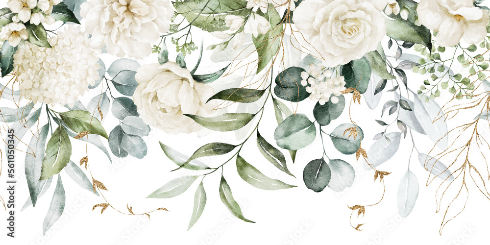 Watercolor seamless border - illustration with green gold leaves, white flowers, rose, peony and branches, for wedding stationary, greetings, wallpapers, fashion, backgrounds, wrappers, cards.