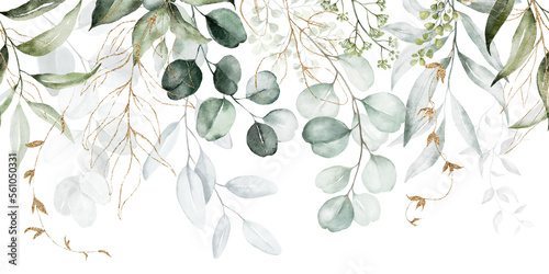 Fototapeta Naklejka Na Ścianę i Meble -  Watercolor seamless border - illustration with green gold leaves and branches, for wedding stationary, greetings, wallpapers, fashion, backgrounds, textures, DIY, wrappers, cards.