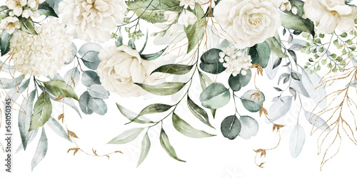Watercolor seamless border - illustration with green gold leaves, white flowers, rose, peony and branches, for wedding stationary, greetings, wallpapers, fashion, backgrounds, wrappers, cards. photo