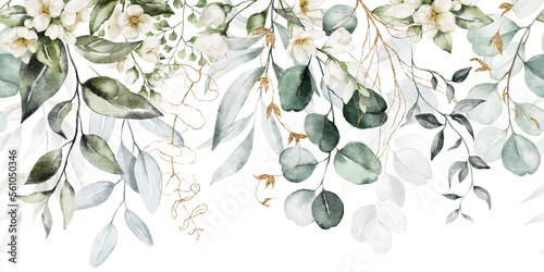 Fototapeta Naklejka Na Ścianę i Meble -  Watercolor seamless border - illustration with green gold leaves and branches, for wedding stationary, greetings, wallpapers, fashion, backgrounds, textures, DIY, wrappers, cards.