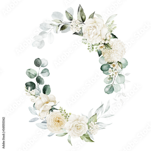 Watercolor floral wreath  frame with green leaves  white roses  peony  flowers and branches  for wedding stationary  greetings  wallpapers  fashion  background. Eucalyptus  olive  green leaves.