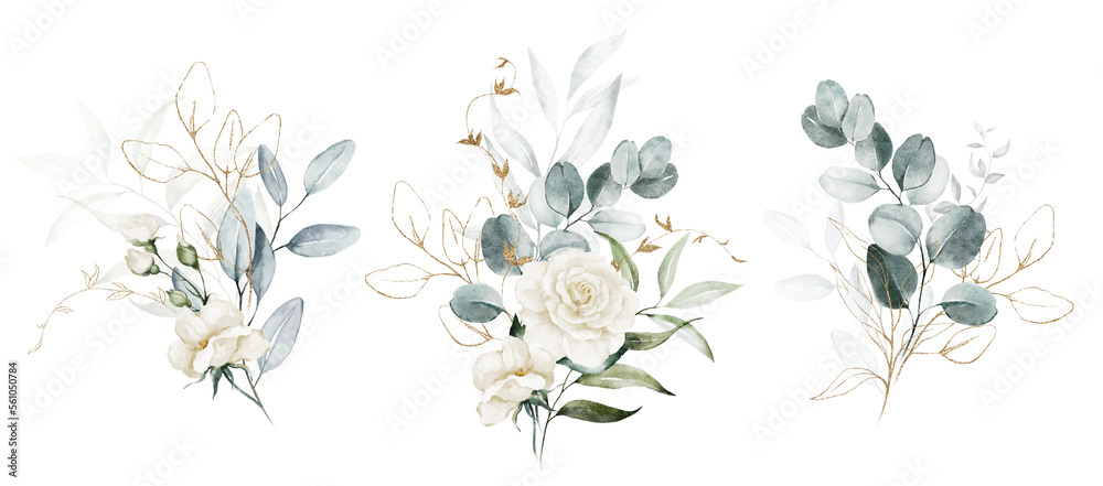 Watercolor floral illustration set - white flowers, green gold leaf branches collection, for wedding stationary, greetings, wallpapers, fashion, background. Eucalyptus, olive, leaves, chamomile.