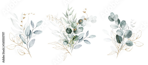 Watercolor floral illustration set - green gold leaf branches collection, for wedding stationary, greetings, wallpapers, fashion, background. Eucalyptus, olive, leaves.