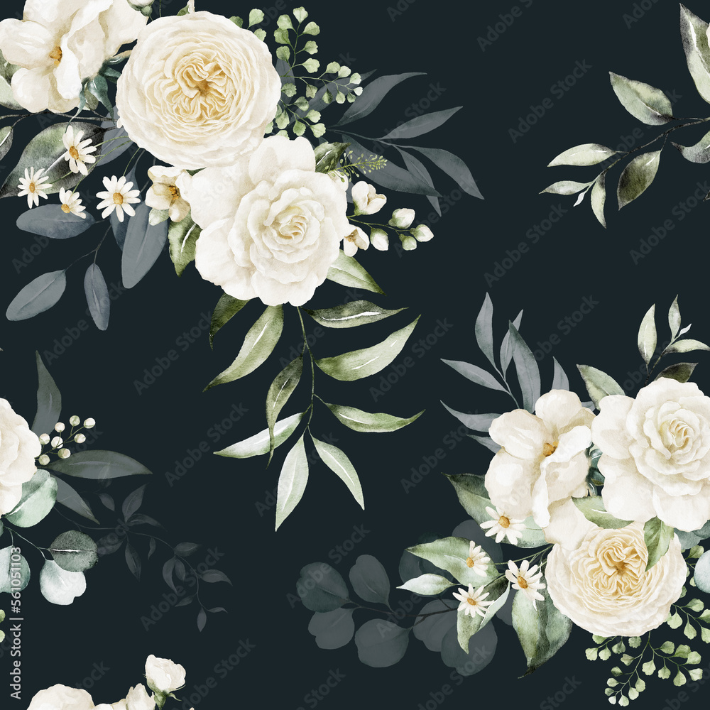 Seamless watercolor floral pattern - white flowers, leaves, green branches composition on black background. Wrappers, wallpapers, postcards, greeting cards, wedding invitations, prints, posters.
