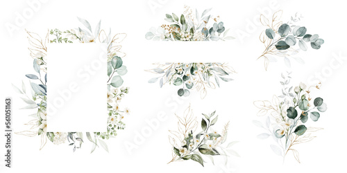 Watercolor floral illustration set - bouquets, frame, border. White flowers, rose, peony, gold green leaf branches collection. Wedding invites, wallpapers, fashion. Eucalyptus olive  leaves chamomile. © Veris Studio