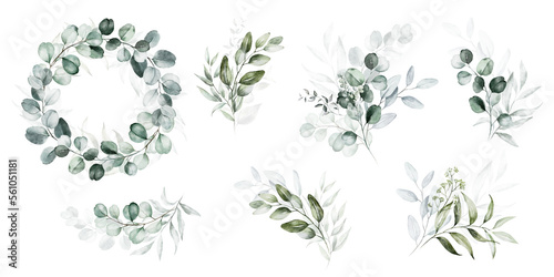 Watercolor floral illustration set - bouquets and wreath. Green leaf branches collection. Wedding invites, wallpapers, fashion. Eucalyptus, olive, leaves.