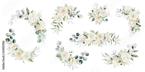 Watercolor floral illustration set - bouquets and wreath. White flowers, rose, peony, green leaf branches collection. Wedding invites, wallpapers, fashion. Eucalyptus olive  leaves chamomile. © Veris Studio