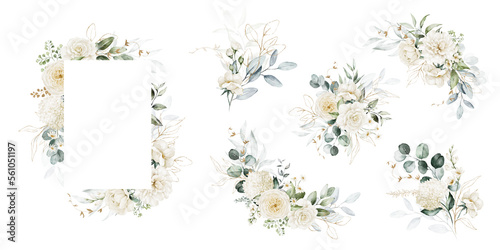 Watercolor floral illustration set - bouquets and frame. White flowers, rose, peony, gold green leaf branches collection. Wedding invites, wallpapers, fashion. Eucalyptus olive  leaves chamomile.