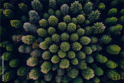From above Scandinavian nature top down drone landscape soaring above coniferous woodland trees.. Generative AI