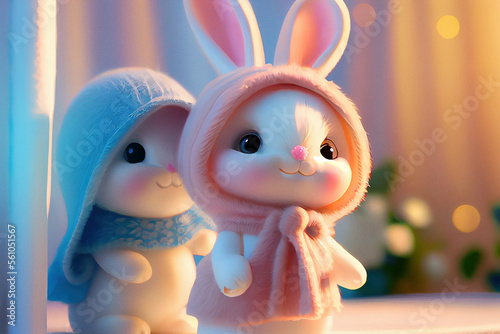 Cute easter rabbits together. Toon style. Dramatic lights.  
Digitally generated AI image photo