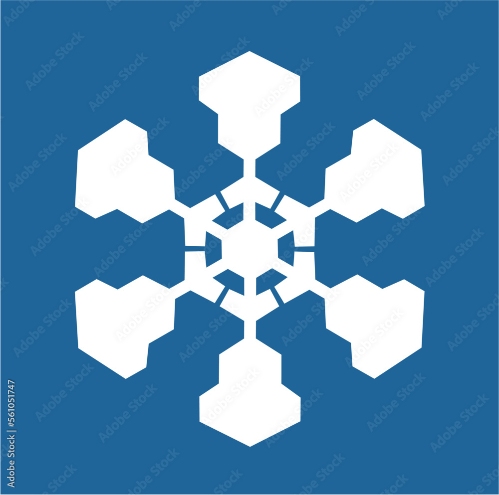 White hexagonal snowflake on a blue background. A unique author's snowflake to decorate the winter holidays. Vector image of a Christmas symbol. White hexagonal snowflake on a blue background. A unique author's snowflake to decorate the winter holidays. Vector image of a Christmas symbol.