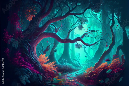 Leaves of trees in a magical fantasy forest. Generative AI