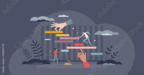 Gantt chart as effective work time management system tiny person concept. Schedule with time, tasks and milestones for progress monitoring control vector illustration. Project organization instrument