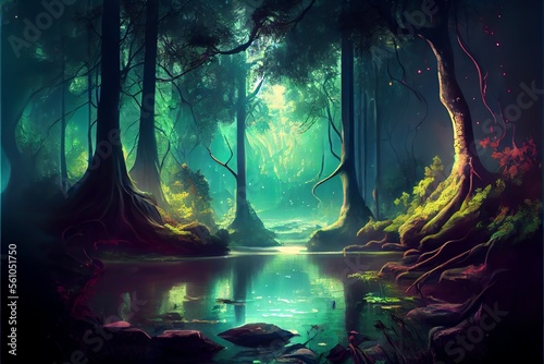 magical fantasy forest with river or lake. background.. Generative AI