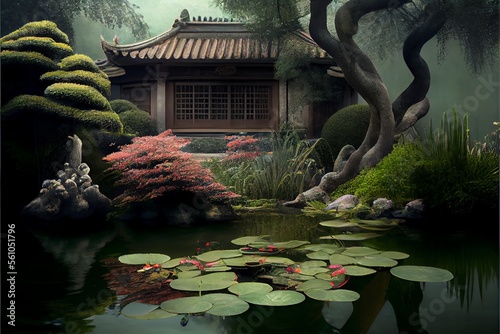 Oriental English style gardening with rocaille and aquatic plants. Generative AI photo