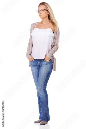 Fashion, thinking and vision with a model woman in studio on a white background with contemplative thought. Casual, relax and idea with an attractive young female posing in clothes for style