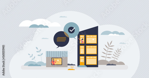 Hybrid work and working from home for flexible company tiny person concept. Distant workplace with digital communication using videocall online solutions vector illustration. Location switch schedule