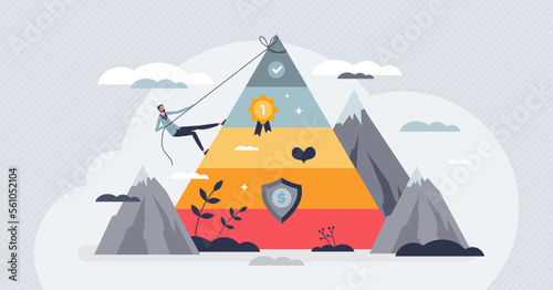 Self actualization as top layer from Maslow pyramid tiny person concept. Personal desire for psychological happiness, life ambition fulfillment and development goal satisfaction vector illustration.