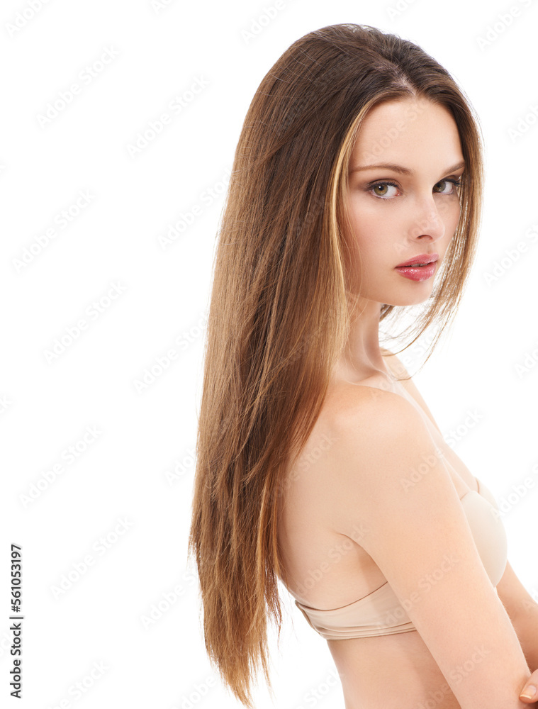 Fototapeta premium Hair care, cosmetic and portrait of a woman in studio with a keratin, brazilian or botox hair treatment. Beauty, health and female model with hair style isolated by white background with mockup space
