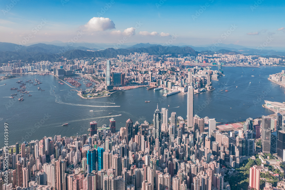 epic panorama of the Victoria Harbour and commercial area of Hong Kong