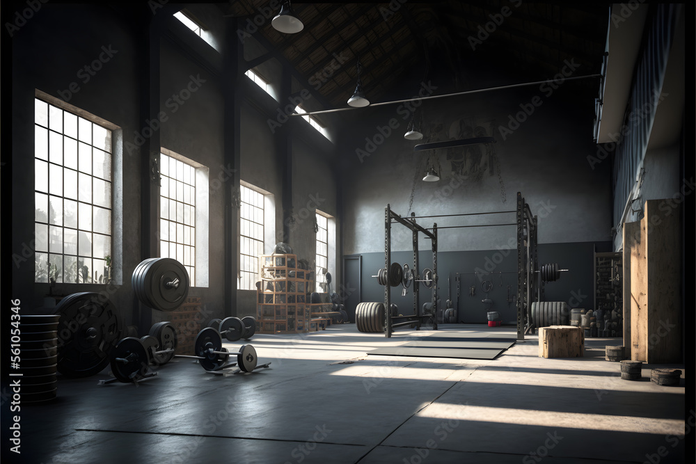 Workout space inside warehouse gym crossfit huge space grunge look