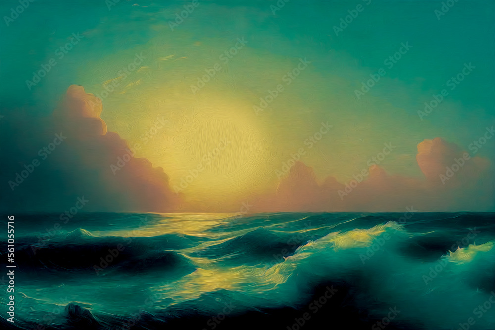 Seascape at sunset, stylized as an oil painting. White crests of waves, wind on the sea, reflection of the sun in picturesque clouds