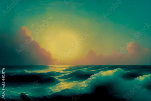 Seascape at sunset, stylized as an oil painting. White crests of waves, wind on the sea, reflection of the sun in picturesque clouds