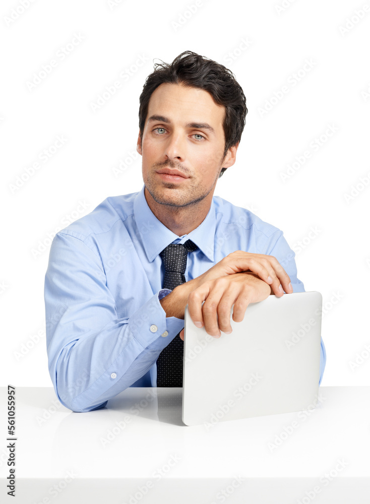 Businessman, portrait or digital tablet on mock up desk in financial ideas, innovation tax planning or investment growth. Corporate worker, employee or technology on table by mockup studio background Businessman, portrait or digital tablet on mock up desk in financial ideas, innovation tax planning or investment growth. Corporate worker, employee or technology on table by mockup studio background