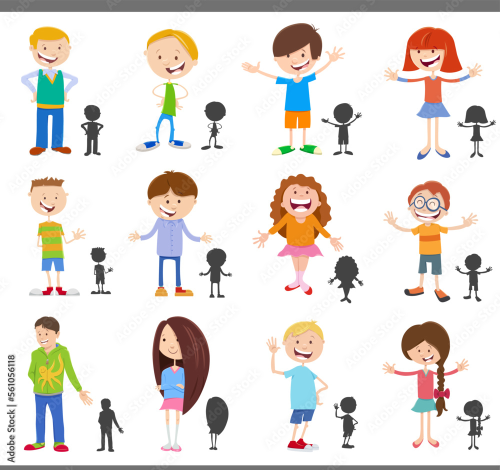 cartoon children characters with silhouettes set