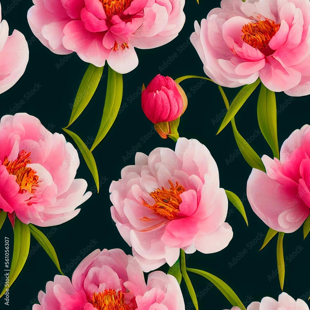 Peonies seamless floral pattern. Hand painted watercolor floral background.