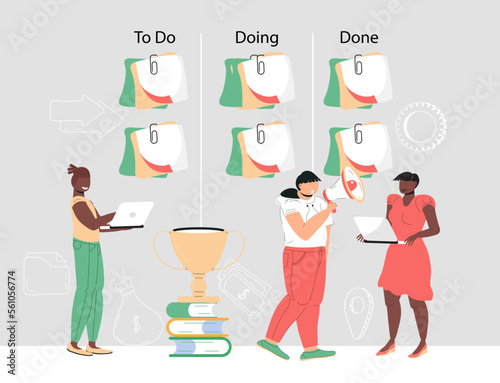 Kanban board with stickers concept vector. Agile and scrum methodology are show. Explainer illustration of scrum daily stand-up meeting.