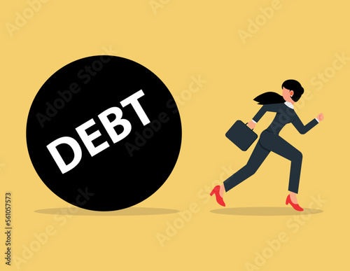 Business debt problems. Business woman run away from debt